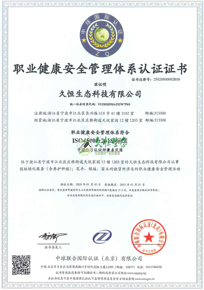 萧山职业健康安全管理体系ISO45001证书